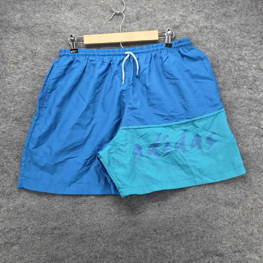 Vintage Adidas Shorts Mens Large Blue Nylon Made In USA Trefoil Spell Out 90s